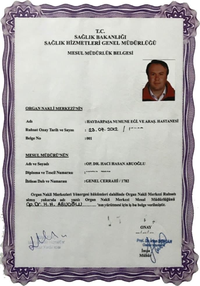 Organ Nakli Mesul Müdürlük Belgesi